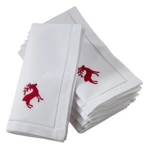 Henry Handwork Hemstitch Cotton Napkins w/ Embroidered Red Reindeer 20x20 Set 4